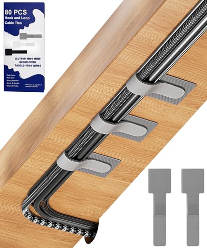 80PCS Hook and Loop Cable Ties, Under Desk Cable Management, Adhesive Cable Straps, Cord Management Hider Idea, Cord Organizer for Desk, Computer Accessories, Home Office Organization, Gray - color: 80Pcs Gray