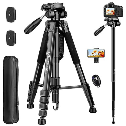 Tripod for Camera and Phone, 72" Tall Camera Tripod Monopod with Remote, Professional Heavy Duty Compact Camera Stand for iPhone, DSLR, Spotting Scope, Telescope, Binocular - color: Black