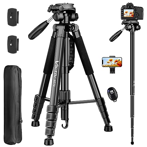 Tripod for Camera and Phone, 72" Tall Camera Tripod Monopod with Remote, Professional Heavy Duty Compact Camera Stand for iPhone, DSLR, Spotting Scope, Telescope, Binocular - color: Black