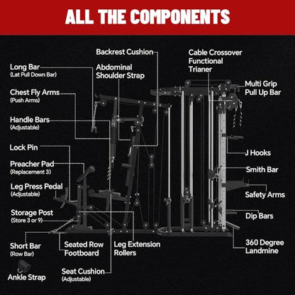 All in One Home Gym System Workout Station, Multi-Function Smithe Machine Power Cage with Cable Crossover System, Tripe-Sided Independent Load Posts, Functional Trainer for Full Body Training - color: Black, style: Home Gym Station with Weight Bench (9001