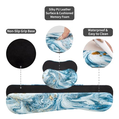 QIYI Leather Desk Mat Set, 4-in-1 Large Mouse Pad with Ergonomic Wrist Rest, Waterproof Desk Pad + Keyboard Wrist Rest + Mouse Wrist Support + Coaster, Non-Slip Office Gaming Accessories, Blue Marble - color: Blue Marble