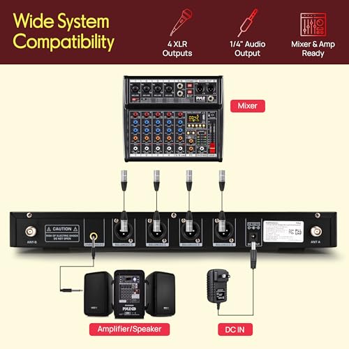 Pyle 4 Channel UHF Wireless Microphone System with 3 Handheld Mics, Lavalier & Headset Mic, 300 Ft Range, Selectable Frequencies & Rack Mount Receiver for Conferences, Hosting, Church & PA Systems - style: 4-Channel Handheld-Headset-Lavalier