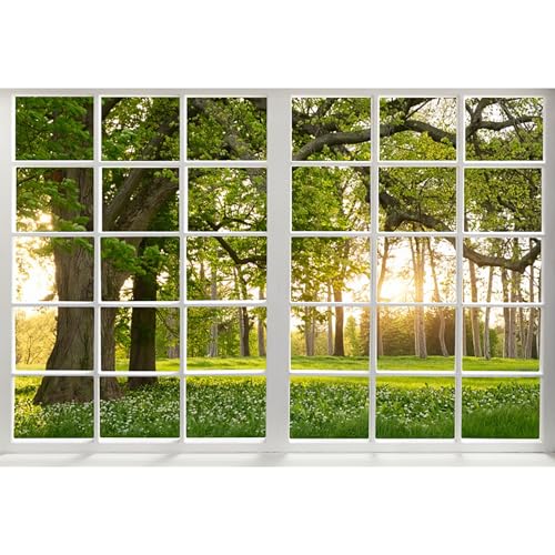 Renaiss 7x5ft Green Trees Forest Window Backdrop for Photoshoot Portrait Spring Summer Scenery Woodland French Window Photography Background Baby Shower Birthday Party Decors Photo Booth Props - size: 7x5ft