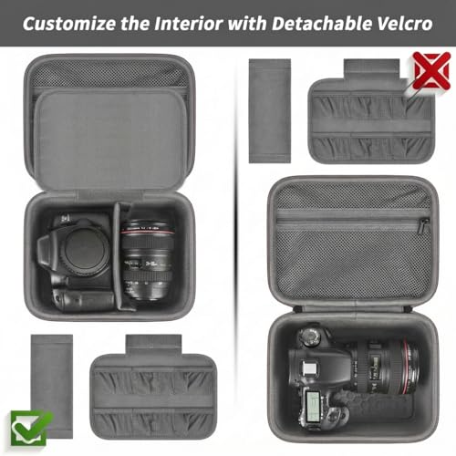 Comecase Hard Camera Case for Canon R50/R100/T7, for Sony A6400/ZV-E10 | Small Camera Bag with Hard EVA Shell, Adjustable Dividers, 6 Battery/SD Organizer Slots and Shoulder Strap, Case only, Grey - color: Grey