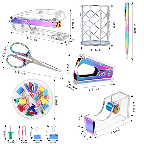 Famassi Dream Color Acrylic Stapler and Tape Dispenser Set, Office Supplies with Tape Dispenser, Stapler Remover, 2 Ballpoint Pen, Scissor, Binder Clips, Paper Clips and 1000pcs Staples - color: Multicolor