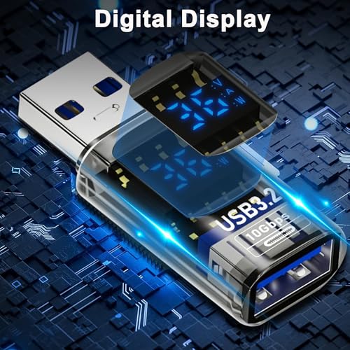 USB to USB3.2 Adapter,10Gbps Converter with LED Voltage Display (2Pack) | 10Gbps high-speed data transfer,LED screen displays real-time voltage/current. Supports fast charging,Plug & Play