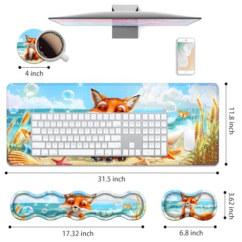 4 in 1 Ergonomic Keyboard Wrist Rest & Mouse Pad Wrist Rest Set, Large XXL Gaming Desk Mat 31.5"x 11.8" with Non-Slip Base, Memory Foam for Home Office Study Gaming, Fox - color: Fox