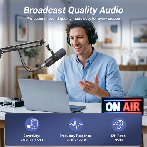 TONOR Dynamic Podcast Microphone for Studio, Cardioid XLR/USB Mic, AI Noise Cancellation, Tap Mute, 3.5mm Headphone Jack for Monitoring, Volume Control, Microfono with Boom Arm, Black, TD510 AIR H+