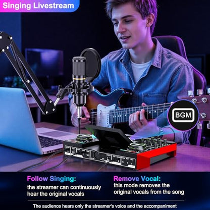Podcast Equipment Bundle with 3.5mm BM800 Condenser Microphone for Pc/Phone Live Streaming Singing Gaming, Podcast Microphone Bundle with Live Sound Board Audio Mixer,Voice Changer, Denoise,DJ Sets