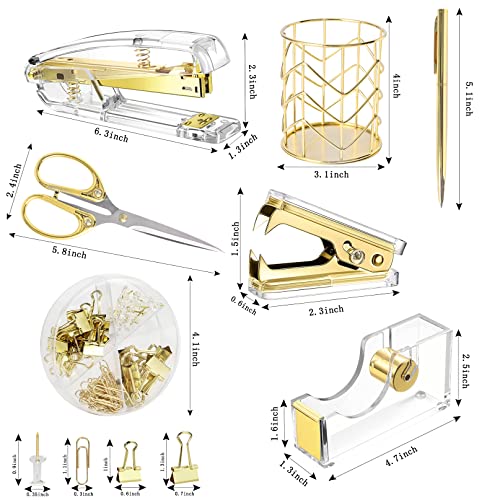 Famassi Gold Desk Accessories，Office Supplies Set Acrylic Stapler Set Staple Remover, Tape/Pen Holder, 2 Ballpoint Pen, Scissor, Binder/Paper Clips and 1000pcs Staples. - color: Gold