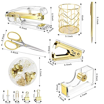 Famassi Gold Desk Accessories，Office Supplies Set Acrylic Stapler Set Staple Remover, Tape/Pen Holder, 2 Ballpoint Pen, Scissor, Binder/Paper Clips and 1000pcs Staples. - color: Gold
