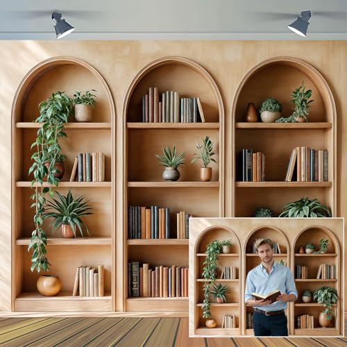 12 x 10 ft Arched Bookshelf Backdrop Modern Library Books Office Plants Video Conference Photography Home Office Meetings Indoor Decorations Photo Banner Props - color: Brown2, size: 12X10FT