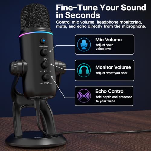 ZealSound Podcast Microphone, Noise Cancellation USB Mic with Gain, Volume & Mute Control, Zero-Latency Monitoring, Echo & RGB Lighting, for YouTube TikTok Podcasting Gaming PC iPhone iPad Android Mac