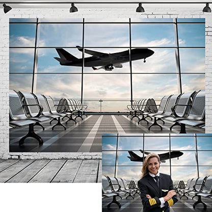 9x6ft Polyester Fabric Airport Terminal Backdrop Airplane Departure Lounge Window Photography Background Plane Party Decorations Pilot Birthday Banner Travel Theme Video Photo Shoot Props - size: 9x6FT