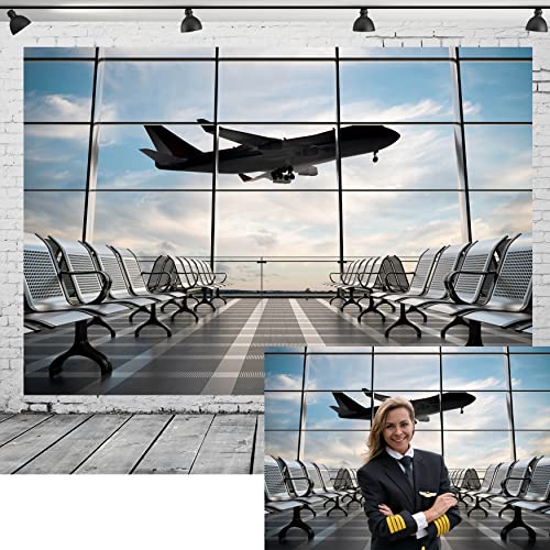 9x6ft Polyester Fabric Airport Terminal Backdrop Airplane Departure Lounge Window Photography Background Plane Party Decorations Pilot Birthday Banner Travel Theme Video Photo Shoot Props - size: 9x6FT