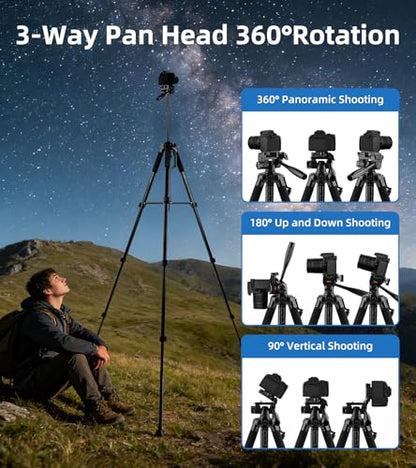 72'' Camera Tripod, Aluminum Lightweight Portable Tripods Stand with Carry Bag, Professional Travel Complete Tripod for DSLR Cellphone Live Streaming Vlog - size: 72in(Alu)