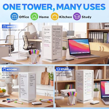 Lincia 12" x 6.5" x 6.5" 4-Sided Rotating Desktop Whiteboard Tower, Dry Erase Board Planner with 8 Markers and Eraser, Multi-Surface Memo Board for to-Do Lists, Weekly Planning, Office, Home, School - style: 4-sided