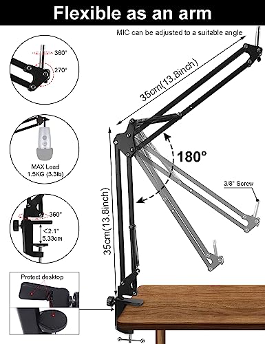 Boom Arm Mic Stand for Blue Yeti, Nano, HyperX QuadCast Snowball Fifine and More Mic, Adjustable Boom Arm Desk Microphone Stand with 3/8" to 5/8" 1/4" Screw, Pop Filter