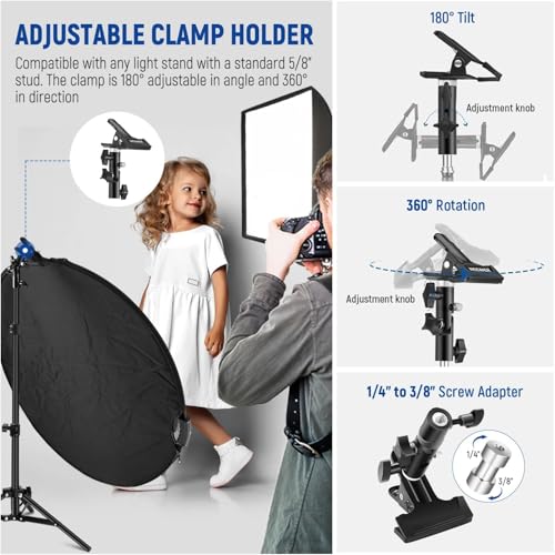 NEEWER 43"/110cm Light Reflector with Clamp & Hand Grips, 5 In 1 Collapsible Multi Disc Photography Reflector Translucent/Silver/Gold/White/Black with 3/8" Thread for Studio Outdoor Lighting, RF-110II - style: 110cm w/Clamp