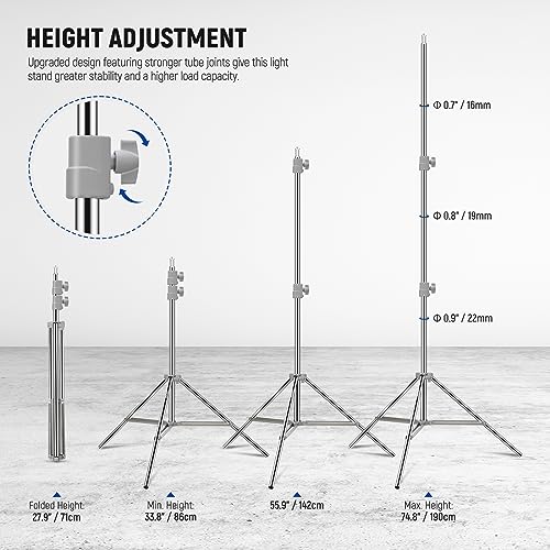 NEEWER Upgraded 75"/190cm Light Stand Stainless Steel Spring Loaded, Foldable Photography Tripod Stand with Stronger Tube Joints for Strobe Softbox LED Ring Light, Max Load 13.5lb/6.5kg, ST-190SS - style: ST-190SS
