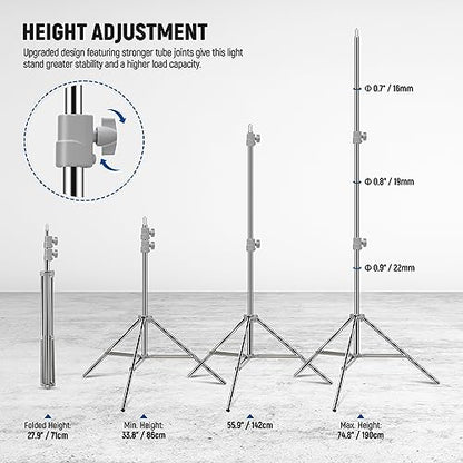 NEEWER Upgraded 75"/190cm Light Stand Stainless Steel Spring Loaded, Foldable Photography Tripod Stand with Stronger Tube Joints for Strobe Softbox LED Ring Light, Max Load 13.5lb/6.5kg, ST-190SS - style: ST-190SS