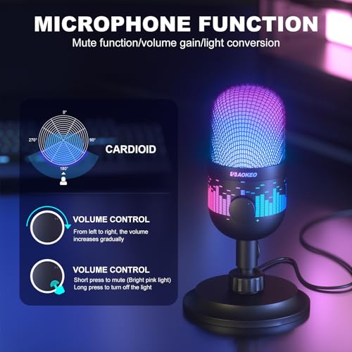 Aokeo Gaming Microphone, USB Computer Microphone for PC, Mac, PS4/5, Condenser Podcast Mic for Studio Recording, for Streaming Podcast YouTube, with Led Light