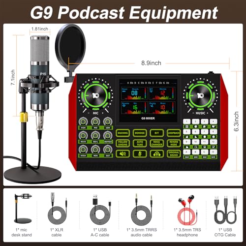 G9 Podcast Equipment Bundle with Audio Mixer for Streaming Singing, 3.5mm Condenser Microphone Kit, Voice Changer, Noise Reduction, Bluetooth, Plug & Play for PC, Phone, TikTok, YouTube - color: Dark Blue Mic+G9 Audio mixer