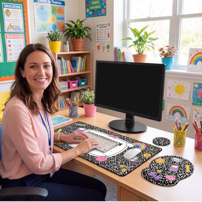 Kingdder Composition Book Teacher Desk Mat Mouse Pad Set Include Large Desk Mat Pad with Wrist Rest Mouse Support, Keyboard Wrist Rest Coaster Back to School Classroom Teacher Appreciation Gift - style: Composition Book