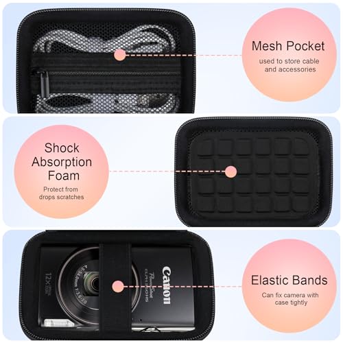 Elonbo Carrying Case for Canon PowerShot ELPH 360 HS A/ 360 HS/ 360/ IXY 650 Digital Camera, Canon PowerShot ELPH 330/190/160/115/130/110 Camera Hard Travel Bag, Mesh Pocket fits Battery Cable, Black - color: Black