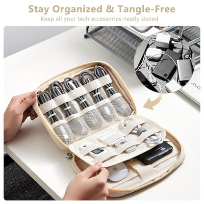 Travel Cable Organizer, Tech Pouch Electronics Organizer Travel Case, Portable Lightweight All-in-One Storage Bag for Cords, Charger, Phone, USB Cables, Hard Drive, Flash Drive (Beige, Large)