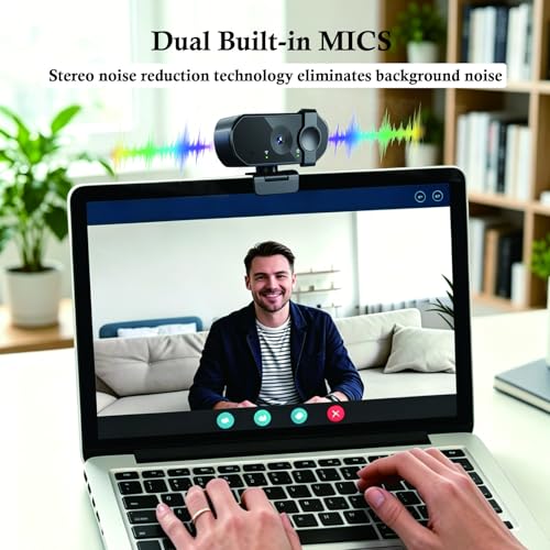 Full HD 1080P Webcam for Video Conference – Computer Camera with Built-in Noise Reducing Dual Mics, Autofocus, Wide-Angle Lens, Privacy Cover, Desk Stand, Plug and Play for Desktop PC, Laptop