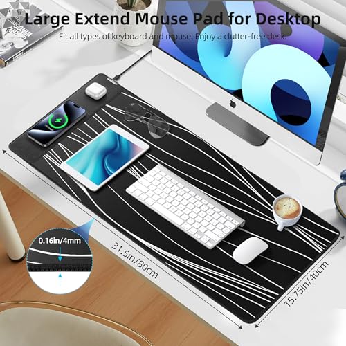 Mouse Pad with Wireless Charging, Gaming Mouse Pad with Ultra-Smooth Surface, Large XXL Desk Mat, Non-Slip Mouse Mat, Waterproof Computer Keyboard Pad for Desk, Office, 800x400x4MM, Black and Line - color: Black and Line - 31.5"x15.7"