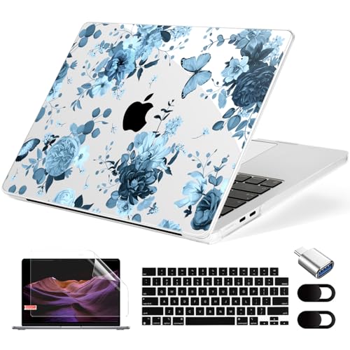 MecBevia Compatible with MacBook Air 13.6 inch Case, M4 A3240/M3 A3113/M2 A2681 (Released 2025 to 2022), Hard Shell, Keyboard Cover, Screen Protector, Webcam Cover & Type-C Adapter, Blue Flowers - color: Blue Flowers