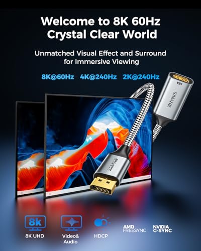 SAMZHE Active Unidirectional 8K DisplayPort 1.4 to HDMI 2.1 Adapter 0.82FT, 8K@60Hz 4K@240Hz High Refresh Alloy Shell Compatible with NVIDIA AMD Desktop Laptop Monitor TV Gaming Office Home Theater