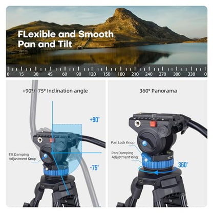SIRUI AM-25S Video Tripod, 74.8" Professional Heavy Duty Tripod with Adjustable Damping Fluid Head for Camcorder, Cameras, DSLR, 360° Pan & +90°/-75° Tilt, Quick Release Plate, Max Load 22.0lb