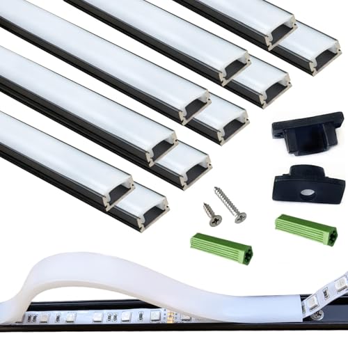 THMOOTHER LED Strip Pre-Drilled Black U Channel Diffuser 10-Pack 3.28FT,Surface Mounted Tape Light Aluminum Track with Continuous Silicone Cover. Flush Installed Low Profile (Black, 10X3.3FT) - color: Black, size: 10X3.3FT