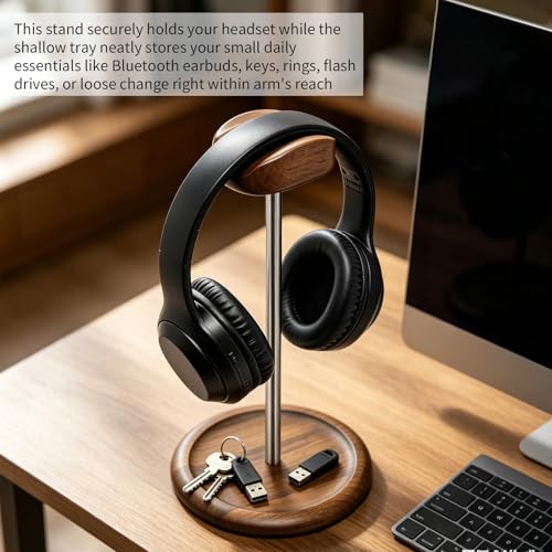 Headset Stand for Desk, Walnut Wood ＆ Stainless Steel Universal Wooden Headphone Holder with Storage Base, Gaming Equipment Accessories, Desk Organizer, Gifts for Gamers Men Boyfriend