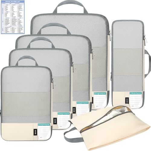 BAGAIL 6 Set Lightweight Compression Packing Cubes with Packing List, Anti-Tearing Expandable Organizer Bags for Travel, Beige - color: Beige