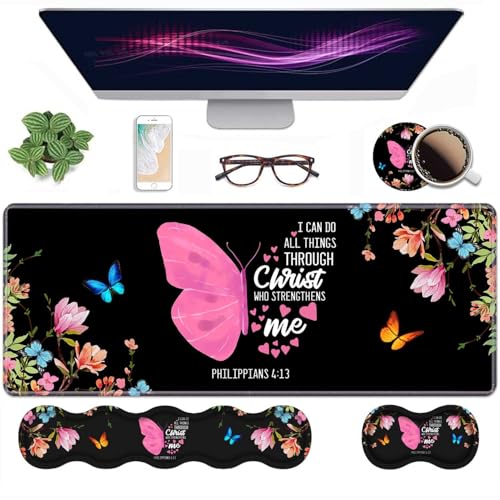 Ergonomic Keyboard Wrist Rest & Mouse Pad Wrist Rest Set,Floral Butterfly Quote Bible Verse Philippians 4:13 Large Gaming Desk Mat 31.5"x 11.8" with Memory Foam,Easy Typing Pain Relief for Home Office - color: Butterfly Quote Bible Verse Philippians 4:13