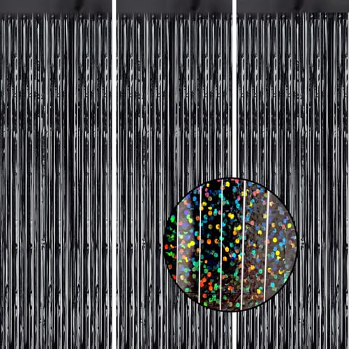 DECOCKRAT 3 Pack Foil Fringe Backdrop - Laser Black Shiny Tinsel Curtains for Party Decoration/Photo Booth Props - 3.3x8.2 FT Metallic Foil Backdrop for Birthday, Wedding, Graduation, Christmas. - color: Laser Black