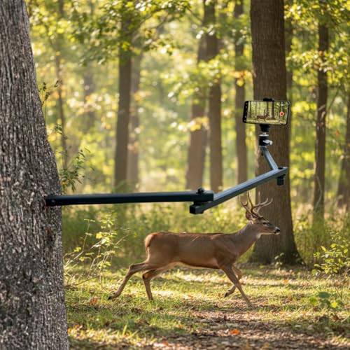Tree Stand Phone Mount for Self Filming Hunts, Metal Hunting Camera Arm | All-metal build, 33.3 in reach, fits 60-90 mm phones, 2 lb load, Compatible GoPro Mevo Start, storage bag included