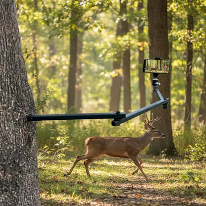 Tree Stand Phone Mount for Self Filming Hunts, Metal Hunting Camera Arm | All-metal build, 33.3 in reach, fits 60-90 mm phones, 2 lb load, Compatible GoPro Mevo Start, storage bag included