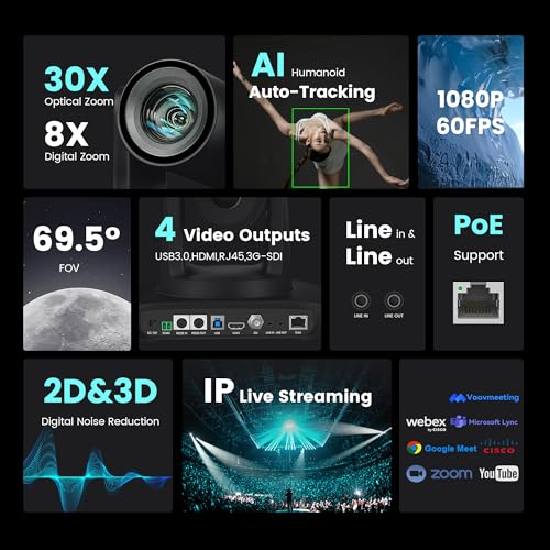 AI Auto Tracking PTZ Camera 3G-SDI/USB3.0/HDMI/LAN PoE 30X Optical and 8X Digital Zoom Live Streaming Camera 1080P 60FPS for Church Services Worship Education Events vMix OBS YouTube - color: glossy black