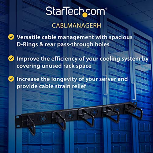 StarTech 1U 19in Horizontal Cable Manager, D-Ring, Steel (CABLMANAGERH) | Passthrough holes, 5 routing loops, Fits 2 or 4-post racks, M5 cage nuts and screws, EIA-310-E, 3.75in depth - style: 1U Horizontal w/Passthrough