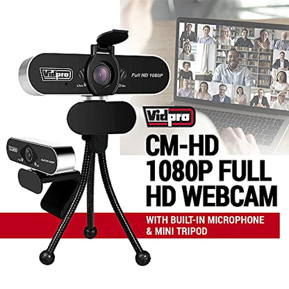 Vidpro CM-HD 1080P Full HD Webcam with Built-in Microphone and Mini Tripod - Plug and Play 85-Degree FOV USB Webcam with Noise Canceling Filter Perfect for Video Calls Meetings Live Streaming Gaming