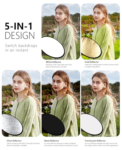 PULUZ 5-in-1 Collapsible Reflector for Photography - 24” (60cm) Light Reflector with Storage Bag Kit for Studio Photography Lighting Outdoor (Silver/Translucent/Gold/White/Black)