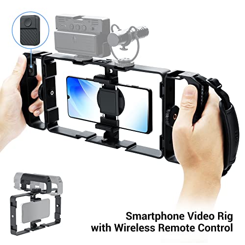 [Wireless Remote] Magnetic Smartphone Video Cage Rig for iPhone 16 15 14 13 12 Pro Max Mini & Magsafe Case,Universal Cell Phone Stabilizer Rig with 6 Cold Shoe Mounts,Phone Cage Rig for Filming