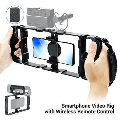 [Wireless Remote] Magnetic Smartphone Video Cage Rig for iPhone 16 15 14 13 12 Pro Max Mini & Magsafe Case,Universal Cell Phone Stabilizer Rig with 6 Cold Shoe Mounts,Phone Cage Rig for Filming
