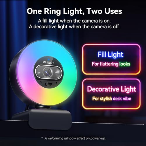 EMEET S600L 4K Webcam for Streaming with Ring Light, 4 Lighting Modes, Rainbow Effect, 1/2" Sensor, AI Imaging, 0.2S PDAF, 2 Mics, Dial Control, 4K Webcam with Light for OBS/Twitch/YouTube/Zoom/PC/Mac - style: S600L Ring Light 1/2" Sensor