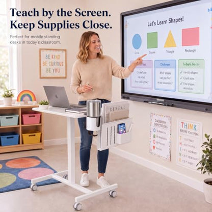 Roowest 2 Pcs Teacher Rolling Desk Accessories Cup Holder & Desk-side Storage Organizer Teacher Classroom Standing Desk Organizer White Laptop Holder with 2-layer Anti-spill Under Mug Hook, Heavy Duty